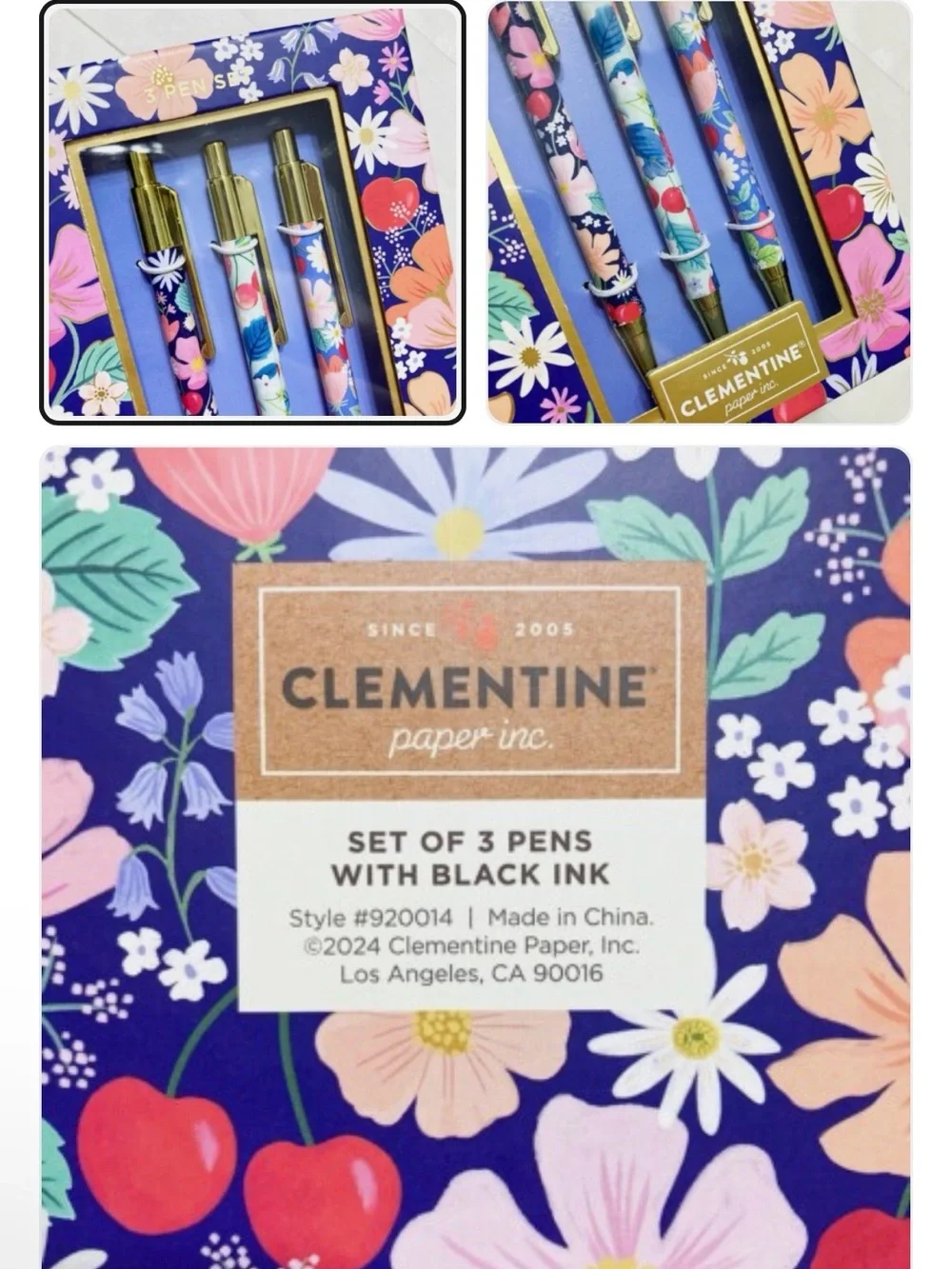 Clementine Floral Blue 3-Piece Ballpoint Pen Set